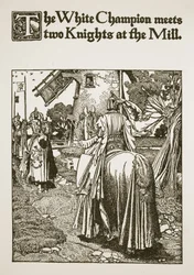 Den hvide mester møder to riddere ved møllen, illustration fra 