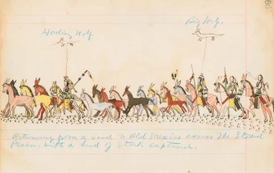 På vej tilbage fra et togt til det gamle Mexico over de afmærkede sletter med en flok kvæg, 1874-75 (pen, blæk og wc på hovedbogspapir)