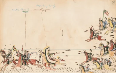 Under Cloud og Howling Wolf kamp med general Sully i 1868, 7th Cavy nær den nuværende Camp Supply, 1874-75 (pen, blæk og wc på hovedbogspapir)