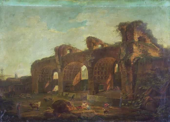 Maxentius-basilikaen i Forum Romanum med bønder og kvæg i forgrunden (olie på lærred)