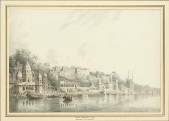 Benares ved floden Ganges (blyant, pen og blæk og w/c på papir)