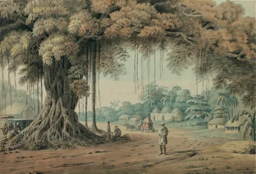 Palanquin-bærere og hellige mænd hviler under et banyan-træ ved indgangen til en landsby, Bengal