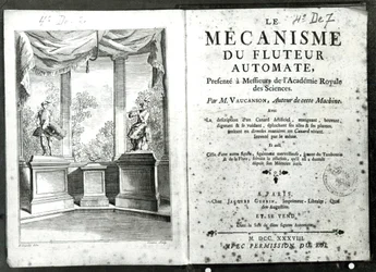 Automater, illustration af frontispicen fra "Le Mecanisme du fluteur automate" af Jacques de Vaucanson, graveret af Francois Vivares (1709-80) 1738
