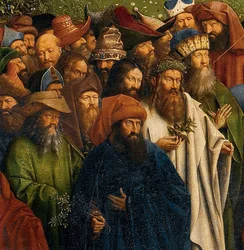 Detalje af Tilbedelsen af det mystiske lam, fra Gent-altertavlen, nederste halvdel af midterpanelet