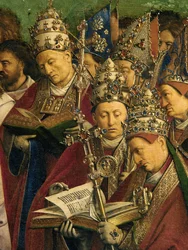 Tilbedelsen af det mystiske lam, fra Gent-altertavlen, detalje af den nederste halvdel af midterpanelet
