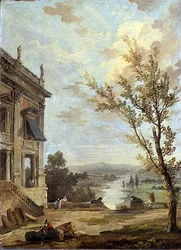 Capriccio Italiensk landskab med Capitoline Palazzo Nuovo og herrefolk på en terrasse, en flod bagved