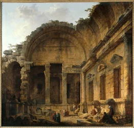 Interiør af Diane a Nimes-templet Maleri af Hubert Robert (1733-1808) Søn. 2,42 x 2,42 m. Paris. Musee du Louvre - Interiør af Dianatemplet i Nimes. Maleri af Hubert Robert (1733-1808). 2,42 x 2,42 m. Louvre-museet, Paris