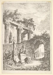 Plade 3: Statuen før ruinerne: en statue til venstre ved siden af tre figurer på en p..., ca. 1763-64.