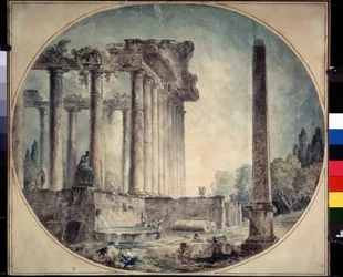 ""Ancient Ruins and Obelisk"" Akvarel af Hubert Robert (1733-1808) 1776 State A. Pushkin Museum of Fine Arts, Moskva, Rusland