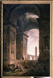 Ruiner med en obelisk. Maleri af Hubert Robert (1733-1808), olie på lærred