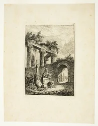 Statuen foran ruinerne, planche tre fra Les Soirées de Rome