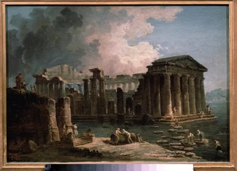 Et tempel omgivet af vand. Maleri af Hubert Robert (1733-1808), olie på lærred, ca. 1780, fransk kunst. State A. Pushkin Museum of Fine Arts, Moskva.