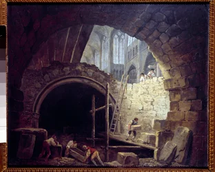 Krænkelse af kongernes kældre i Saint Denis basilika i oktober 1793. Maleri af Hubert Robert (1733-1808)