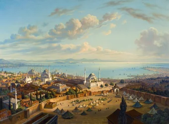 ""Udsigt over Konstantinopel fra Serasker-tårnet (Bayezid eller Seraskier)"" (Konstantinopel fra Ildtårnet i Beyazit) Maleri af Hubert Sattler (1817-1904) Olie på lærred, 74x101,5 - Privat samling