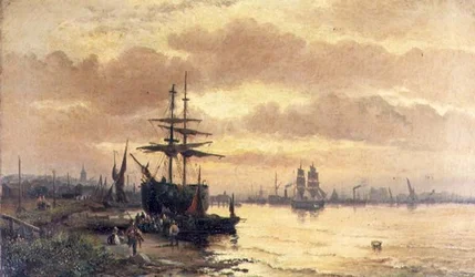 Fiskere ved bredden af en flodmunding ved solnedgang
