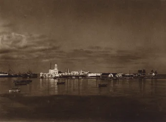 Mexico: Panorama af havnen i Vera Cruz med slottet San Juan (s/h-foto)