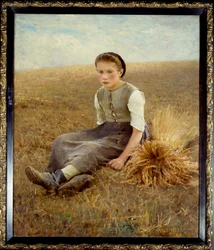 En lille svensk bonde sidder på hø. Maleri af Hugo Salmson (1844-1894) 1886 søn. 1,34x1,10 m Nantes, musee des Beaux Arts - Den lille samler. En lille svensk bonde sidder i høet. Maleri af Hugo Salmson (1844-1894)