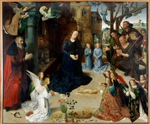 Hyrdernes tilbedelse (Central Panel of the Tryptic of Portinari””. Maleri af Hugo van der Goes (1440-1482). 1475 ca. H/B. 253x304 cm. galleria degli Uffizi (Kontorer), Firenze - Tilbedelse af hyrderne (centralpanel af Portinari Triptyc