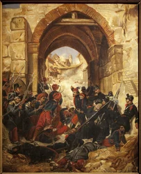 Indtagelse af en algerisk kasbah (kasbah) - Maleri af Hugues Martin (1809-?) , olie på lærred, 40,5 x 33 cm - Musee des Beaux Arts de Macon