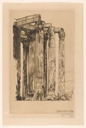 Olympieion med to mand foran en kolonne Olymπeion (titel på objekt)