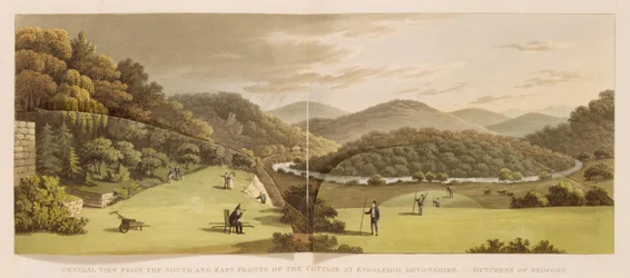 Oversigtsbillede af syd- og østfacaderne på hytten i Endsleigh, Devon (før), fra Fragments on the Theory and Practice of Landscape Gardening, udgivet 1816