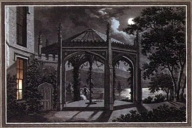 Pavillon og drivhus til et gotisk palæ, fra "Observations on the Theory and Practice of Landscape Gardening", pub. 1802 (farvelitografi)
