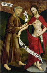 Kristus og St. Thomas, panel af den tidligere højaltertavle af Sankt Peter og Sankt Pauls kirke i Csíksomlyó, ca. 1480 (ægtempera på panel)