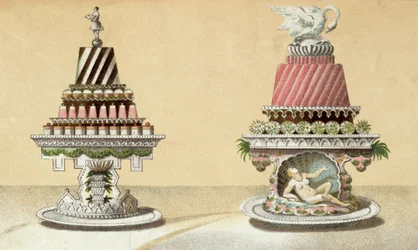 Design til præsentationen af Charlottes a la Reine & Pain de Framboises a la Leda, illustration fra en ungarsk kogebog om fransk madlavning, ca. 1880