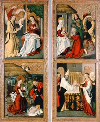 Bebudelsen, Kristi fødsel, magiernes tilbedelse og præsentationen i templet fra Szepeshely-altertavlen, 1480-90