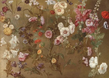 Sammensætning af blomsterstudier, herunder nelliker, nålepudeblomster, hoppevæddemål, mallow; stokroser, afrikansk morgenfrue, forglemmigej