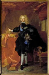 Portræt i foden af Philip V (1683-1746) Konge af Spanien Maleri af Hyacinthe Rigaud (1659-1743) 1701 Søn. 2,30 x 1,94 m