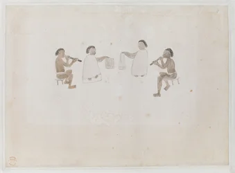Musikere fra Tahiti. Fire Tahitianere, to klædt i hoppen, der spiller på næsefløjte; to klædt i tiputa, der slår trommer, Optaget i Joseph Banks