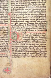 Historikert initial P i begyndelsen af Grønlændernes saga, fra Flateyjarbok (Bogen om Flatey) slutningen af det 14. århundrede