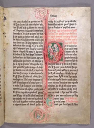 Historikert initial P, der forestiller to håndværkere, fra begyndelsen af afsnittet om handel, fra Skarosbok (Skardbogen) ca. 1350