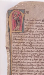 Historik initial i begyndelsen af Sagaen om de to apostle Johannes og Jakob, fra Codex Scardensis, ca. 1360