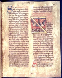 Historik initial fra begyndelsen af et kapitel om søfart og handel, kopi af en original lovsamling Jonsbok fra det 14. århundrede