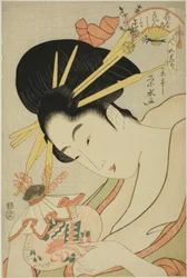 Courtesane Hanahito fra Ogiya og ledsagerne Sakura og Momiji, fra serien "Beauties of the Five Festivals (Bijin gosekku)"