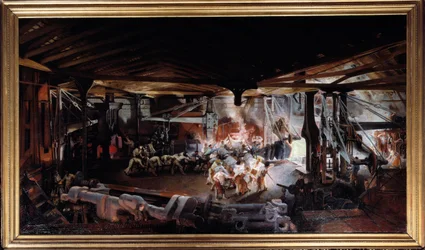 Smedning med en trommeslagerhammer. Maleri af Francois Bonhomme (1809 - 1881)