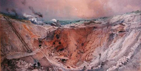 Minedrift i dagbrud ved Vieille Montagne, Saone et Loire, ca. 1854 (wc på papir)