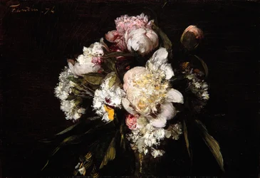 Pæoner, hvide nelliker og roser, 1874