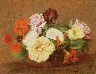 Roser og Nasturtiums i en vase, 1883