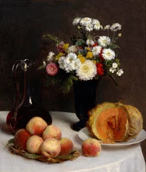 Stilleben med karafler, blomster og frugter, 1865