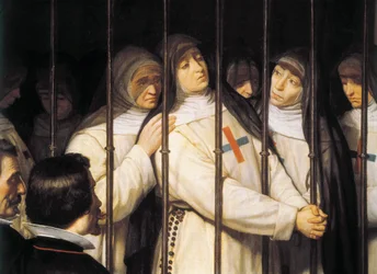 Portræt af Marcela de San Felix (1605-1687), nonne, digter og skuespillerinde, datter af Lope de la Vega, ved sin fars begravelse, støttes af de andre søstre af Treenighedsordenen, der blev afbrudt i 1635" Detalje Maleri af Ignacio Suarez
