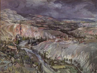 Landskab i Navarra – 20. århundrede – 75,5 × 09 cm – olie på karton
