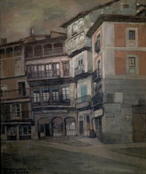 SPANSKE FOLK - LANDSKAB AF CASTILLA - OLIE / STOF - 93 X 77 CM