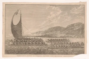 Hawaiianere og deres konge sejler i kanoer til James Cook for at bringe ham gaver Terreeoboo, konge af Owijhee, kaptajn Cook bringer gaver (titel på objektet)