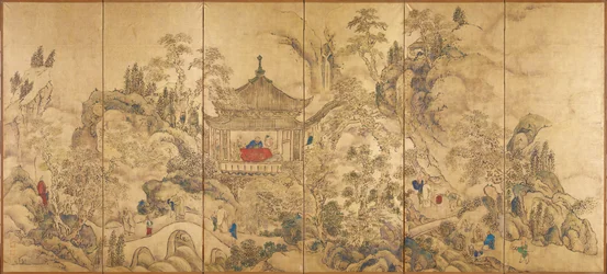 Landskab med en pavillon (Roukaku Sansui Zu, Landskab med tårn) - Venstre del af et par skærme med seks paneler af Ike no Taiga (1723-1776), akvarel og blæk på papir, ca. 1750 - 1700-tallets japansk kunst, orientalsk landskab - Tokyo National M