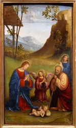 Tilbedelse af barnet. Sankt Josef, Jomfru Maria og en engel beder omkring den nyfødte Kristus. Maleri af Francesco Francia (1450-1517)