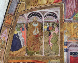 Den hellige Frans bønfaldende pave Honorius III om bekræftelse af aflad, fresko fra Porziuncola, 1393