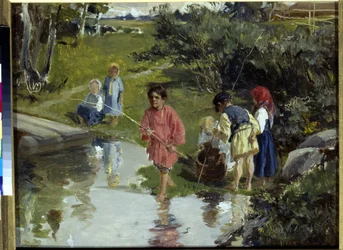 Children Fishing af Pryanishnikov, Illarion Mikhailovich (1840-1894)